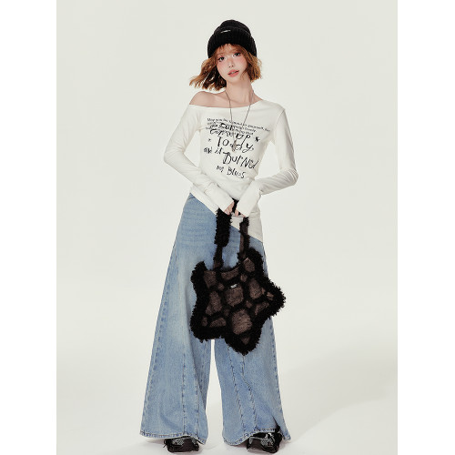 Girlyhalo美式復古辣妹斜領長袖t恤女秋季新款修身收腰顯瘦打底衫