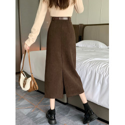 咖色燈芯絨半身裙高腰a字女2025秋冬新款顯瘦包臀一步裙開叉長裙