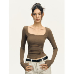 Ariseism 美式復古三色方領長袖t恤女2025秋季新款修身上衣