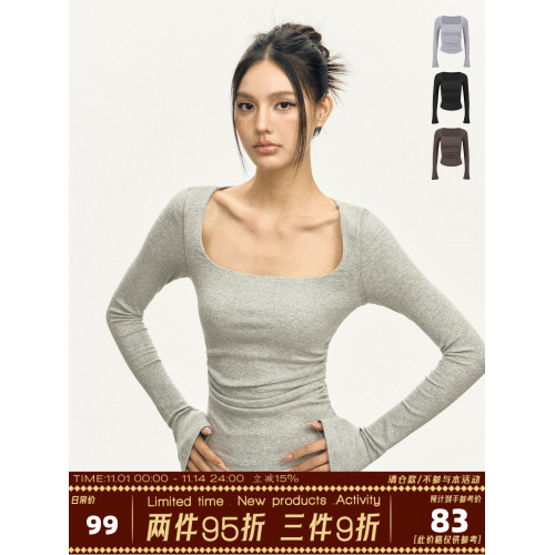 Ariseism 美式復古三色方領長袖t恤女2025秋季新款修身上衣