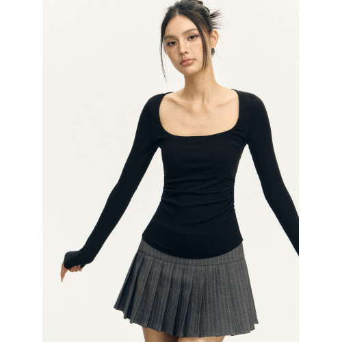 Ariseism 美式復古三色方領長袖t恤女2025秋季新款修身上衣