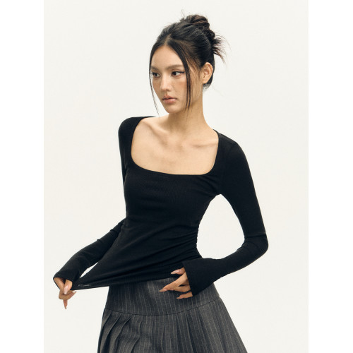 Ariseism 美式復古三色方領長袖t恤女2025秋季新款修身上衣