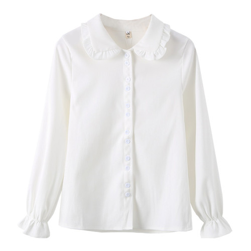 大碼胖mm木耳邊娃娃領襯衣春秋新款學生寬松百搭喇叭長袖jk襯衫女