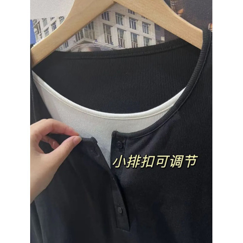 大碼女裝假兩件拼接歐貨長袖t恤胖mm早秋遮肚顯瘦內搭打底衫上衣