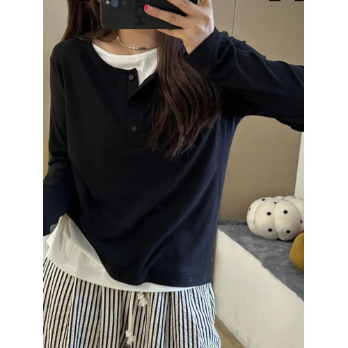 大碼女裝假兩件拼接歐貨長袖t恤胖mm早秋遮肚顯瘦內搭打底衫上衣