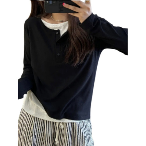 大碼女裝假兩件拼接歐貨長袖t恤胖mm早秋遮肚顯瘦內搭打底衫上衣