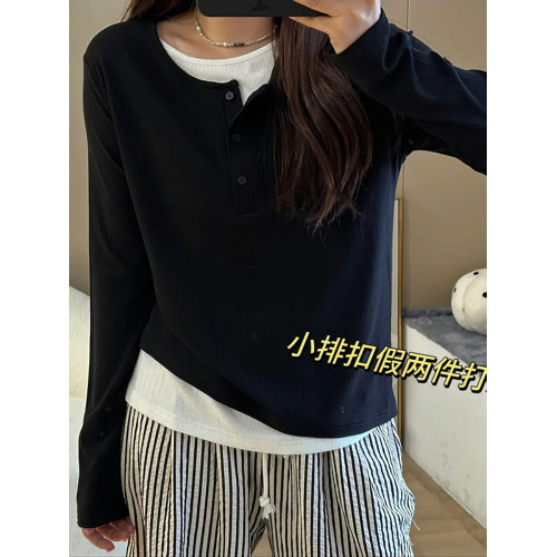 大碼女裝假兩件拼接歐貨長袖t恤胖mm早秋遮肚顯瘦內搭打底衫上衣