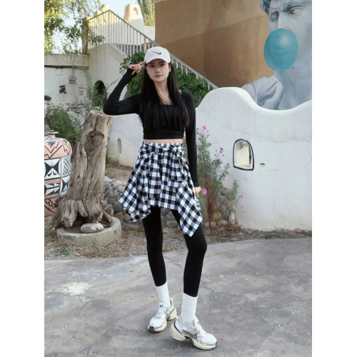 全棉格子半身裙不規則舞蹈松緊裙運動遮跨屁簾系帶街舞打底神器 全棉格子半身裙不規則舞蹈松緊裙運動遮跨屁簾系帶街舞打底神器