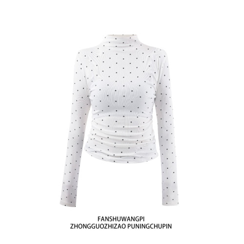 半高領修身顯瘦波點打底衫女秋季薄款內搭正肩上衣掐腰長袖t恤