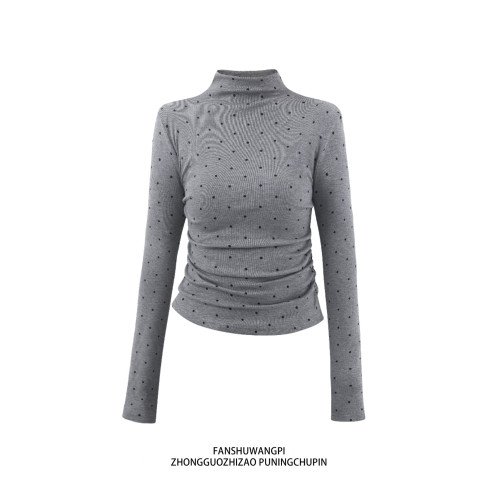 半高領修身顯瘦波點打底衫女秋季薄款內搭正肩上衣掐腰長袖t恤