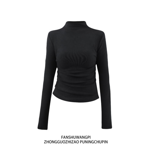 半高領修身顯瘦波點打底衫女秋季薄款內搭正肩上衣掐腰長袖t恤