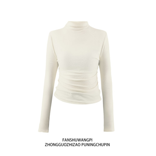 半高領修身顯瘦波點打底衫女秋季薄款內搭正肩上衣掐腰長袖t恤