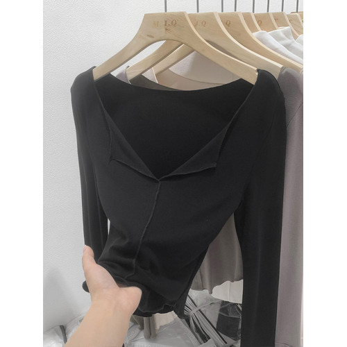 軟糯V領純欲正肩長袖t恤女春秋修身甜辣風chic木耳邊開叉白色上衣 軟糯V領純欲正肩長袖t恤女春秋修身甜辣風chic木耳邊開叉白色上衣