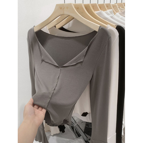 軟糯V領純欲正肩長袖t恤女春秋修身甜辣風chic木耳邊開叉白色上衣 軟糯V領純欲正肩長袖t恤女春秋修身甜辣風chic木耳邊開叉白色上衣