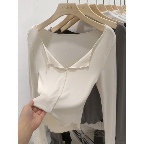 軟糯V領純欲正肩長袖t恤女春秋修身甜辣風chic木耳邊開叉白色上衣 軟糯V領純欲正肩長袖t恤女春秋修身甜辣風chic木耳邊開叉白色上衣