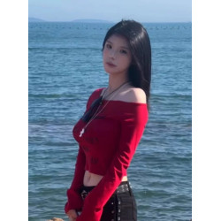 辣妹紅色斜領長袖t恤女春秋薄款小衆設計感修身顯瘦露肩短款上衣