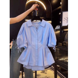 大碼女夏季收腰短袖襯衫胖mm顯瘦泡泡袖法式小衫獨特別致半袖上衣