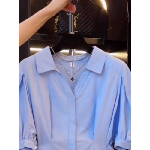 大碼女夏季收腰短袖襯衫胖mm顯瘦泡泡袖法式小衫獨特別致半袖上衣