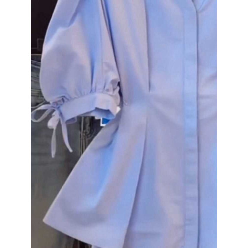 大碼女夏季收腰短袖襯衫胖mm顯瘦泡泡袖法式小衫獨特別致半袖上衣