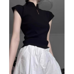 新中式輕國風盤釦短袖T恤女夏修身內搭打底衫小飛袖正肩立領上衣