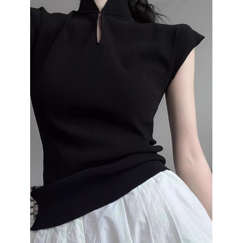 新中式輕國風盤釦短袖T恤女夏修身內搭打底衫小飛袖正肩立領上衣