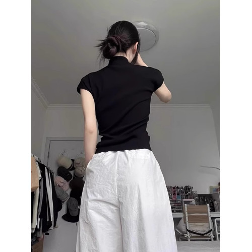 新中式輕國風盤釦短袖T恤女夏修身內搭打底衫小飛袖正肩立領上衣