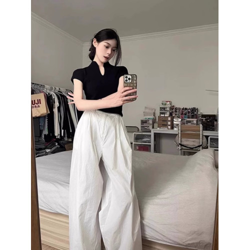 新中式輕國風盤釦短袖T恤女夏修身內搭打底衫小飛袖正肩立領上衣