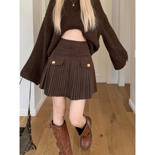 復古咖色燈芯絨百褶裙女秋冬大碼設計感高腰遮胯a字裙防走光短裙 復古咖色燈芯絨百褶裙女秋冬大碼設計感高腰遮胯a字裙防走光短裙