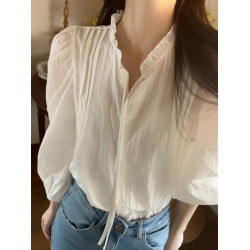 PPHOME釣系拿捏~溫柔木耳邊系帶白色襯衫女韓系簡約別致氣質上衣