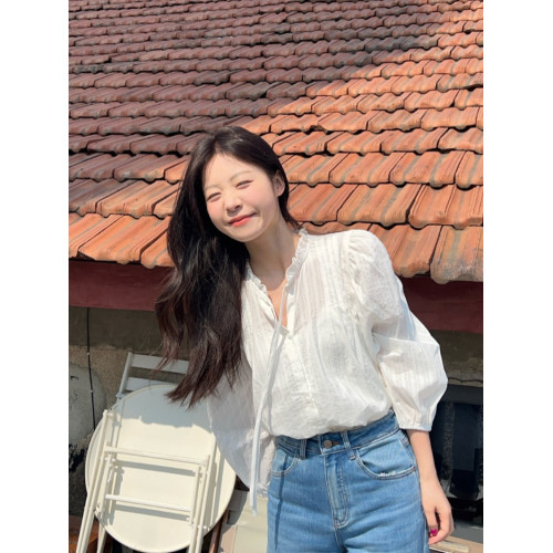 PPHOME釣系拿捏~溫柔木耳邊系帶白色襯衫女韓系簡約別致氣質上衣