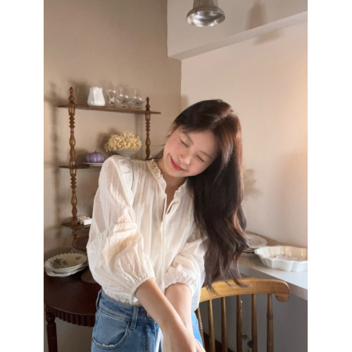 PPHOME釣系拿捏~溫柔木耳邊系帶白色襯衫女韓系簡約別致氣質上衣