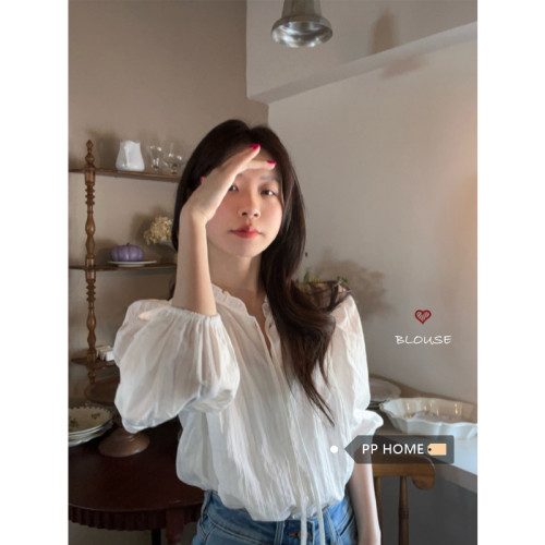 PPHOME釣系拿捏~溫柔木耳邊系帶白色襯衫女韓系簡約別致氣質上衣