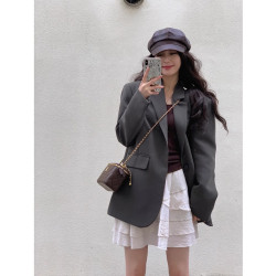 灰色西裝外套女小個子2024春秋季新款高級感炸街寬松廓型氣質西服