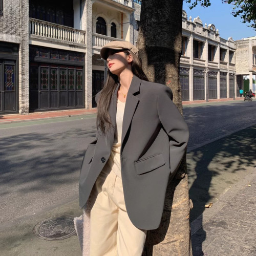 灰色西裝外套女小個子2024春秋季新款高級感炸街寬松廓型氣質西服 灰色西裝外套女小個子2024春秋季新款高級感炸街寬松廓型氣質西服
