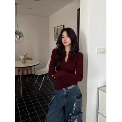 性感黑色v領紐釦內搭打底衫女春秋半開領彈力緊身T恤顯身材上衣