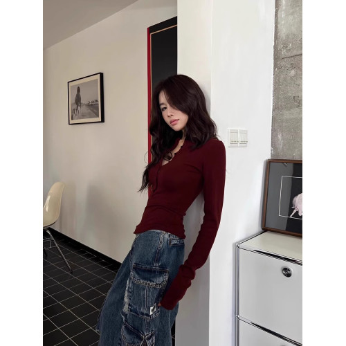 性感黑色v領紐釦內搭打底衫女春秋半開領彈力緊身T恤顯身材上衣