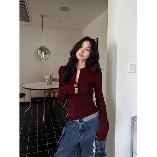 性感黑色v領紐釦內搭打底衫女春秋半開領彈力緊身T恤顯身材上衣