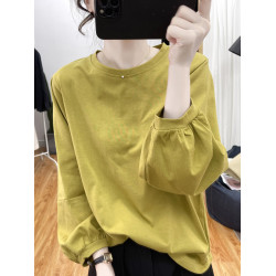 秋裝純棉燈籠袖長袖T恤女式韓系寬松減齡上衣復古褶皺打底衫體恤