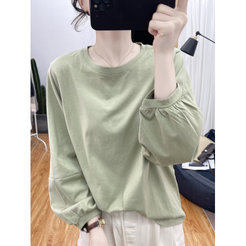 秋裝純棉燈籠袖長袖T恤女式韓系寬松減齡上衣復古褶皺打底衫體恤 秋裝純棉燈籠袖長袖T恤女式韓系寬松減齡上衣復古褶皺打底衫體恤