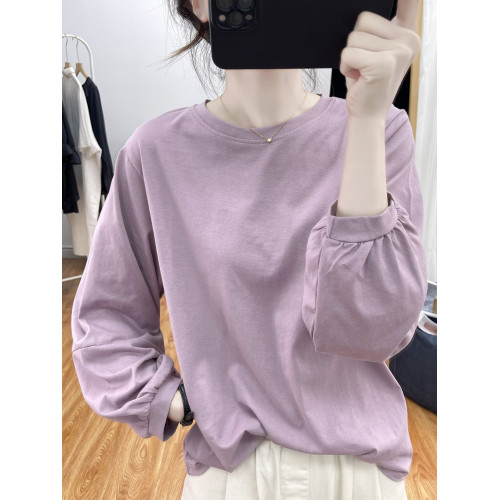 秋裝純棉燈籠袖長袖T恤女式韓系寬松減齡上衣復古褶皺打底衫體恤 秋裝純棉燈籠袖長袖T恤女式韓系寬松減齡上衣復古褶皺打底衫體恤