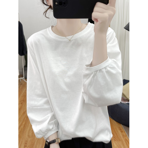 秋裝純棉燈籠袖長袖T恤女式韓系寬松減齡上衣復古褶皺打底衫體恤 秋裝純棉燈籠袖長袖T恤女式韓系寬松減齡上衣復古褶皺打底衫體恤