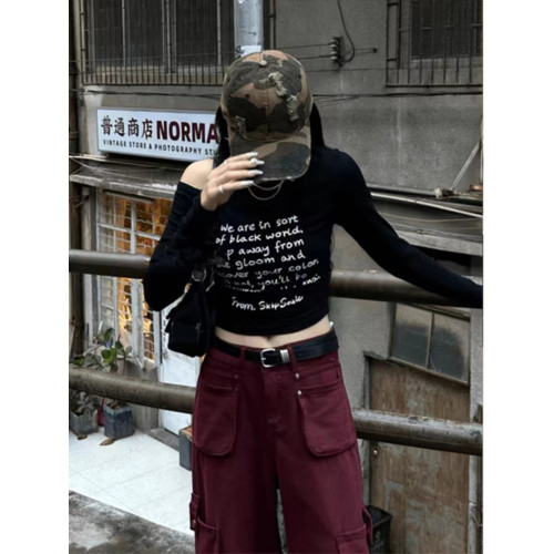 美式復古字母印花露肩長袖t恤女秋季新款設計感小衆顯瘦新款上衣 美式復古字母印花露肩長袖t恤女秋季新款設計感小衆顯瘦新款上衣