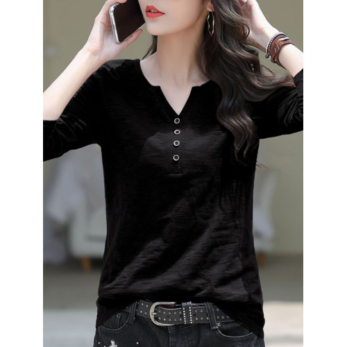 高級長袖t恤女寬松V領2025新款秋裝竹節棉上衣白色內搭打底衫小衫