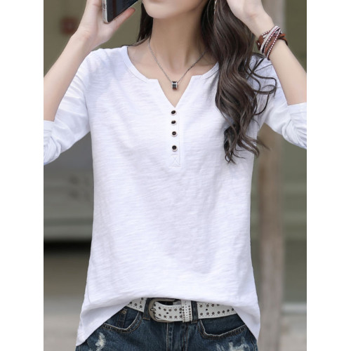 高級長袖t恤女寬松V領2025新款秋裝竹節棉上衣白色內搭打底衫小衫