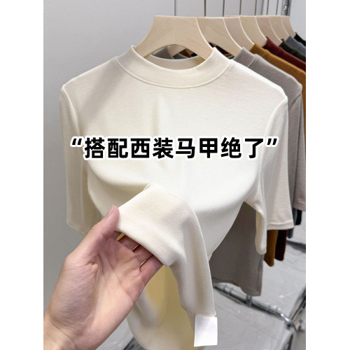 五分袖半高領純色內搭打底衫女洋氣減齡灰色百搭顯瘦氣質上衣T恤