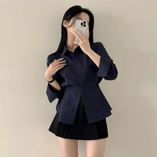 法式復古藍色襯衫女早春2025新款設計感小衆襯衣收腰顯瘦氣質上衣