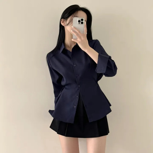 法式復古藍色襯衫女早春2025新款設計感小衆襯衣收腰顯瘦氣質上衣