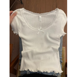 甜美少女感蕾絲花邊T恤女2025夏季純欲芭蕾風上衣木耳邊白色短袖