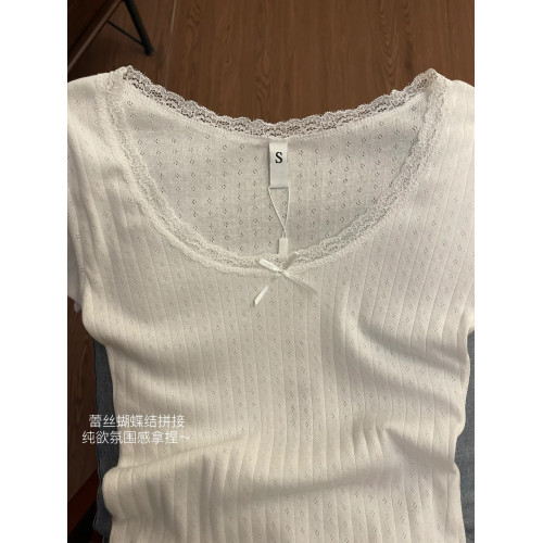 甜美少女感蕾絲花邊T恤女2025夏季純欲芭蕾風上衣木耳邊白色短袖