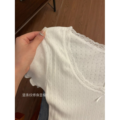 甜美少女感蕾絲花邊T恤女2025夏季純欲芭蕾風上衣木耳邊白色短袖